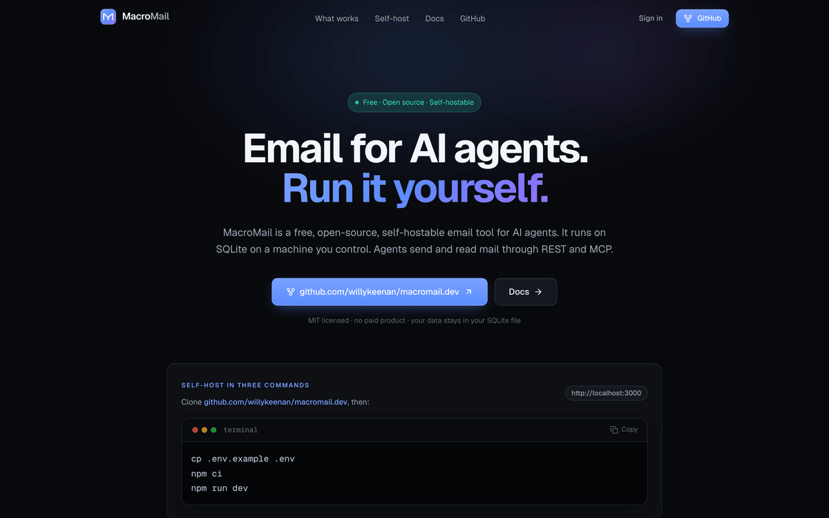MacroMail's home page on a self-hosted instance