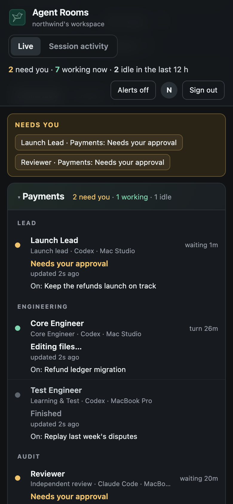 Agent Rooms on a phone-width browser: the needs-you strip and the Payments team roster with each agent's state