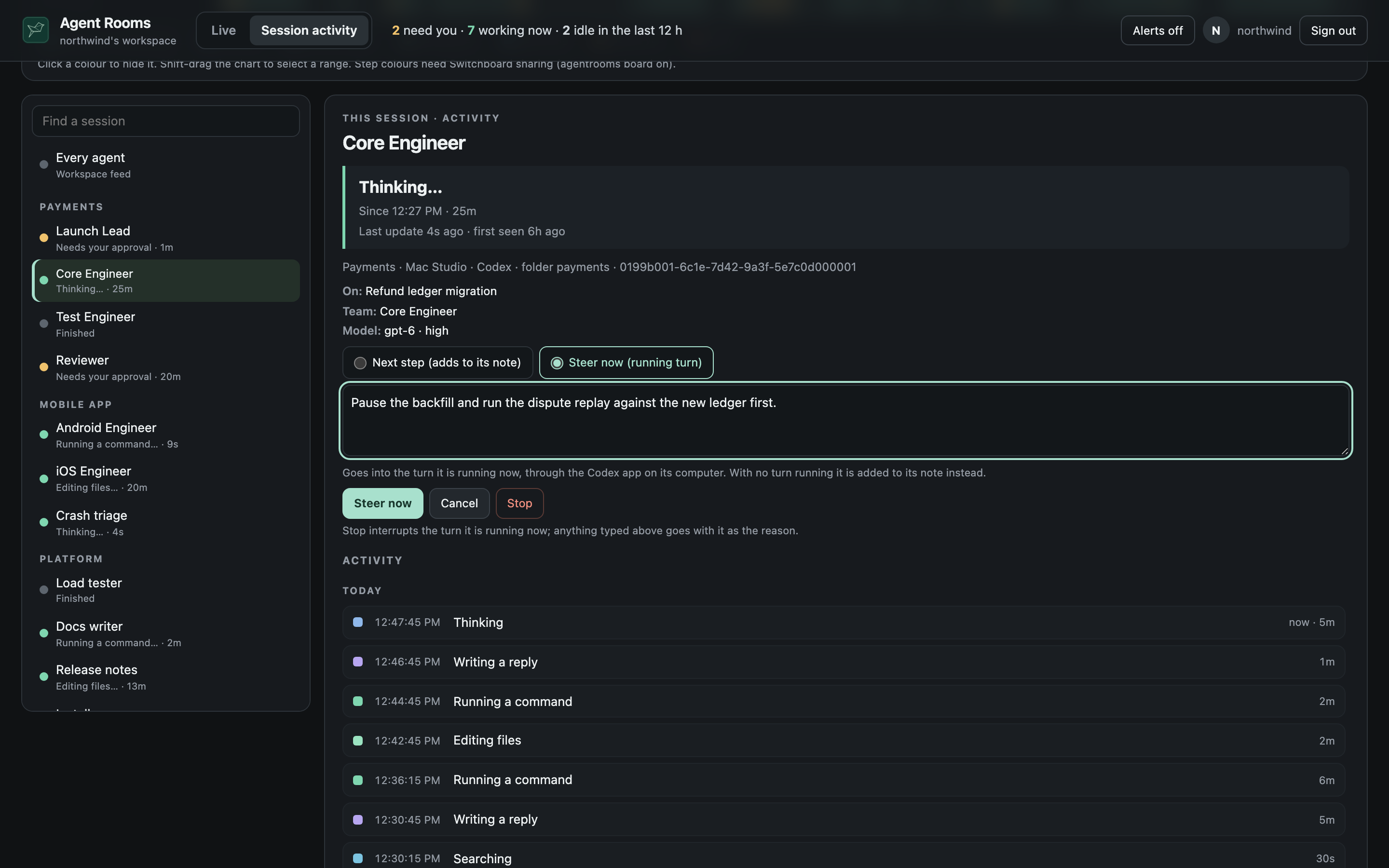 Agent Rooms session view for Core Engineer with Steer now selected, a direction typed into the box, and Steer now and Stop buttons above its live activity feed