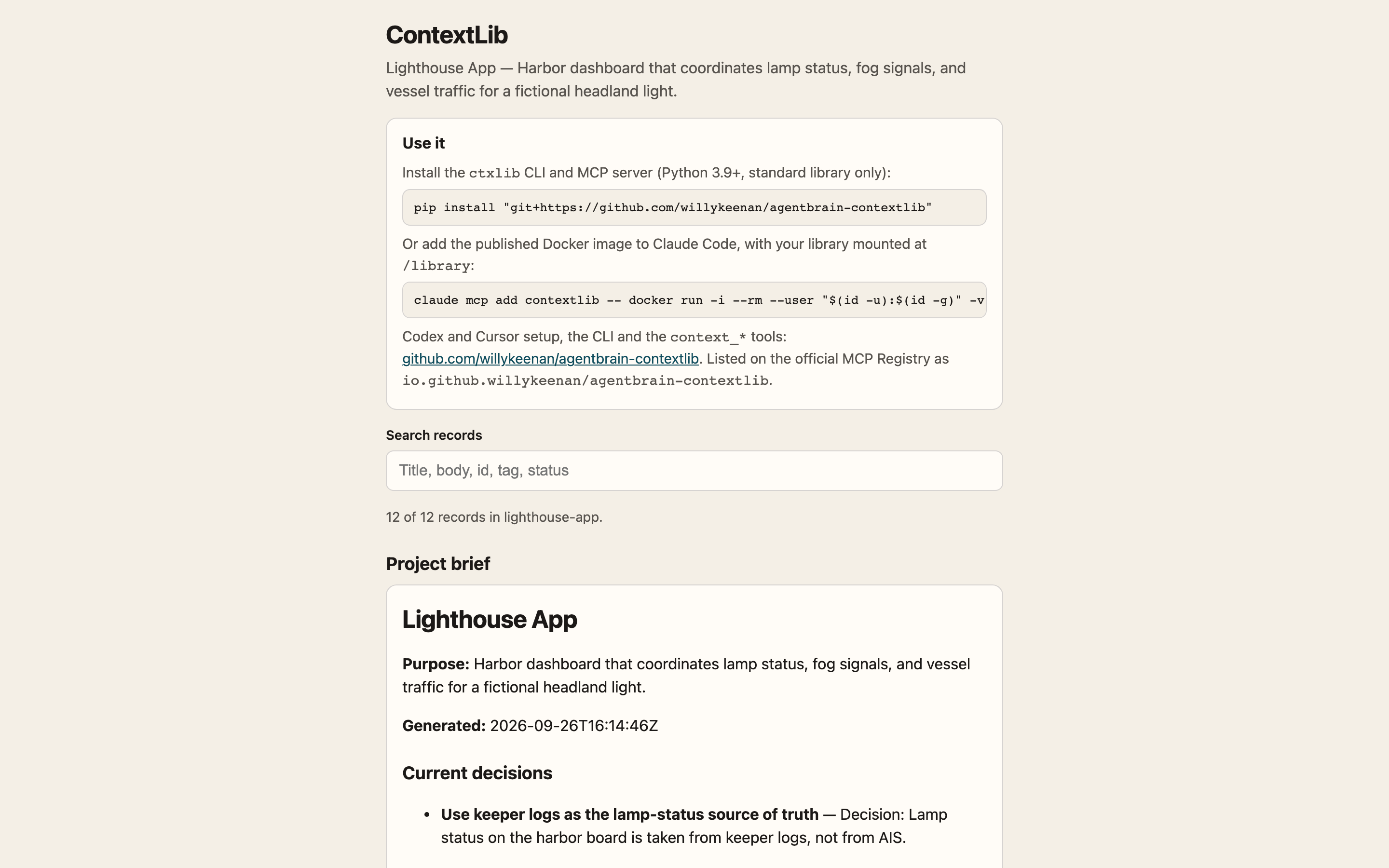ContextLib sample library page: install commands and the project brief for a fictional Lighthouse App