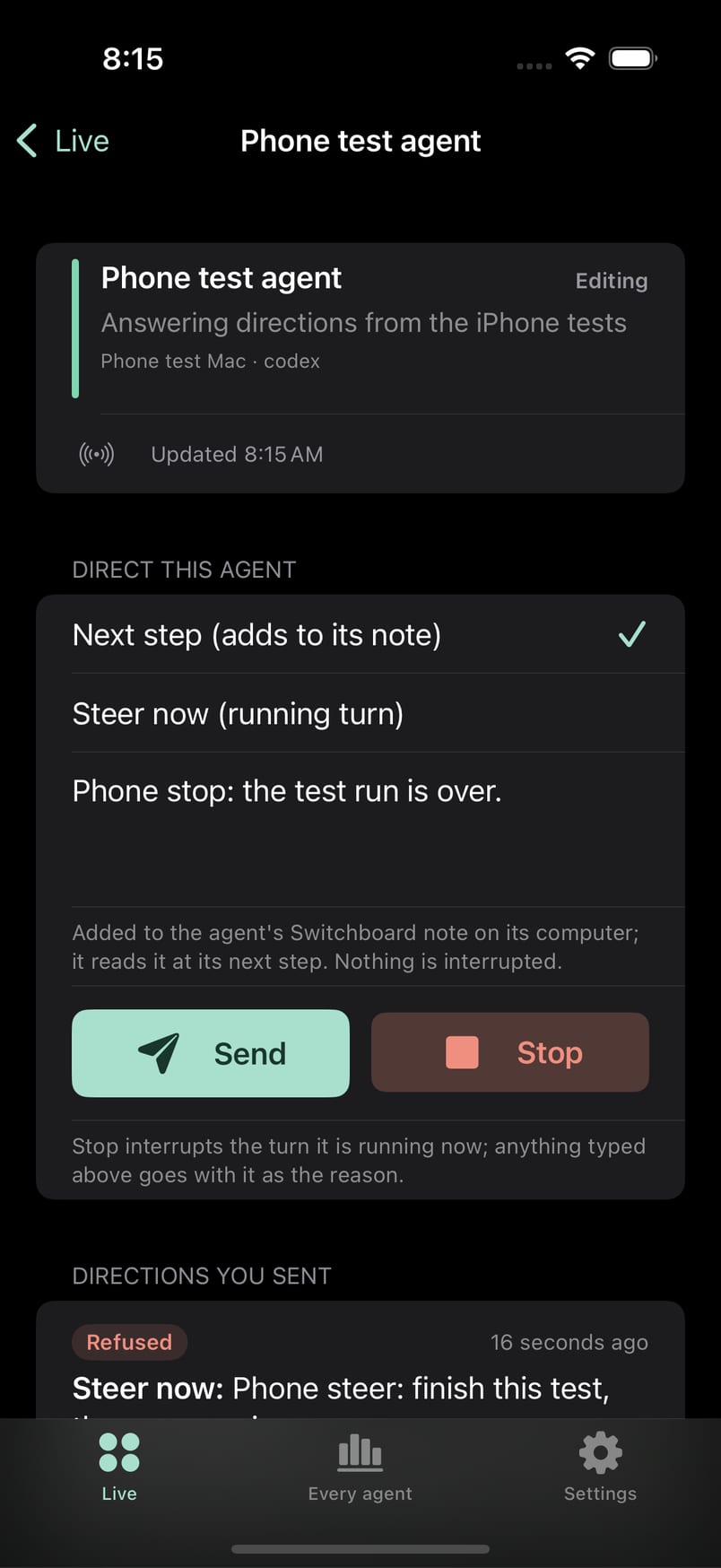 Agent Rooms iPhone app session view in dark mode with Send and Stop buttons and a list of directions sent