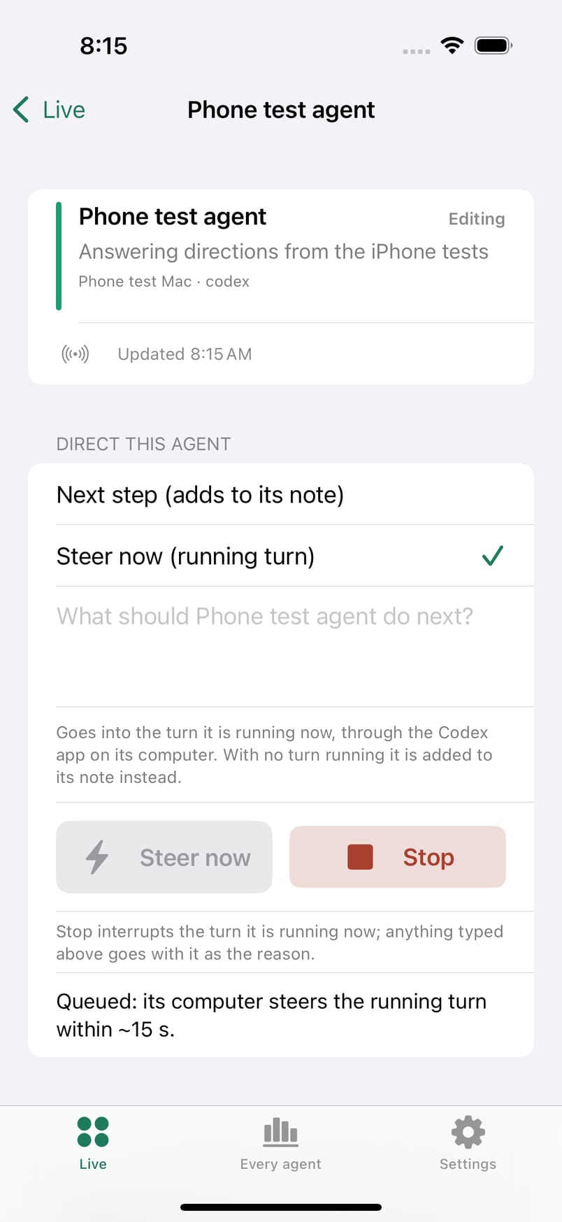 Agent Rooms iPhone app direct-this-agent panel with Steer now selected and a queued confirmation