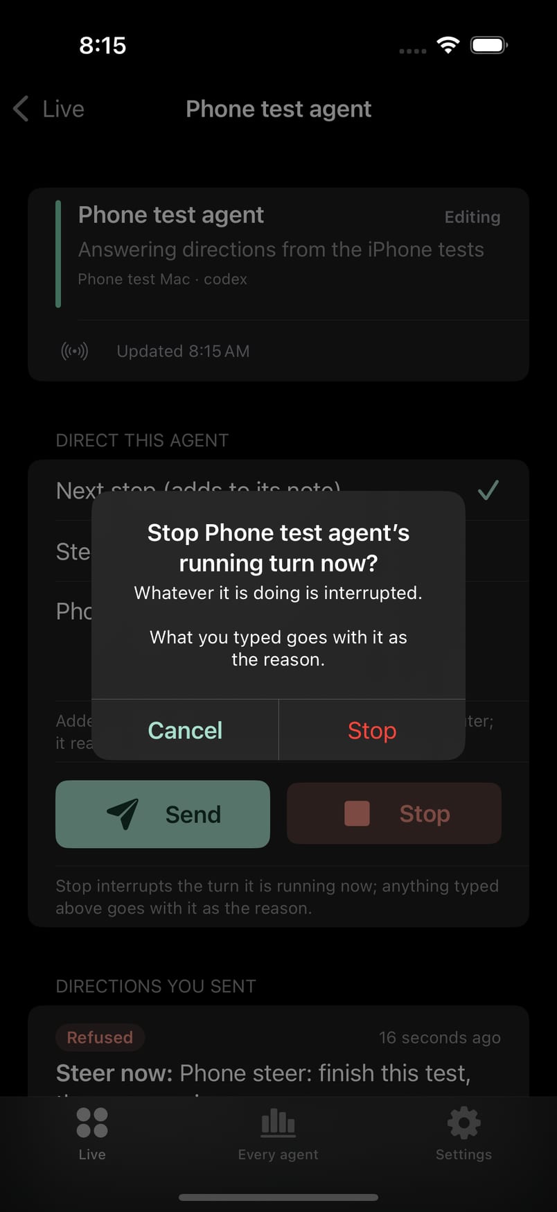 Agent Rooms iPhone app confirmation dialog asking whether to stop an agent's running turn