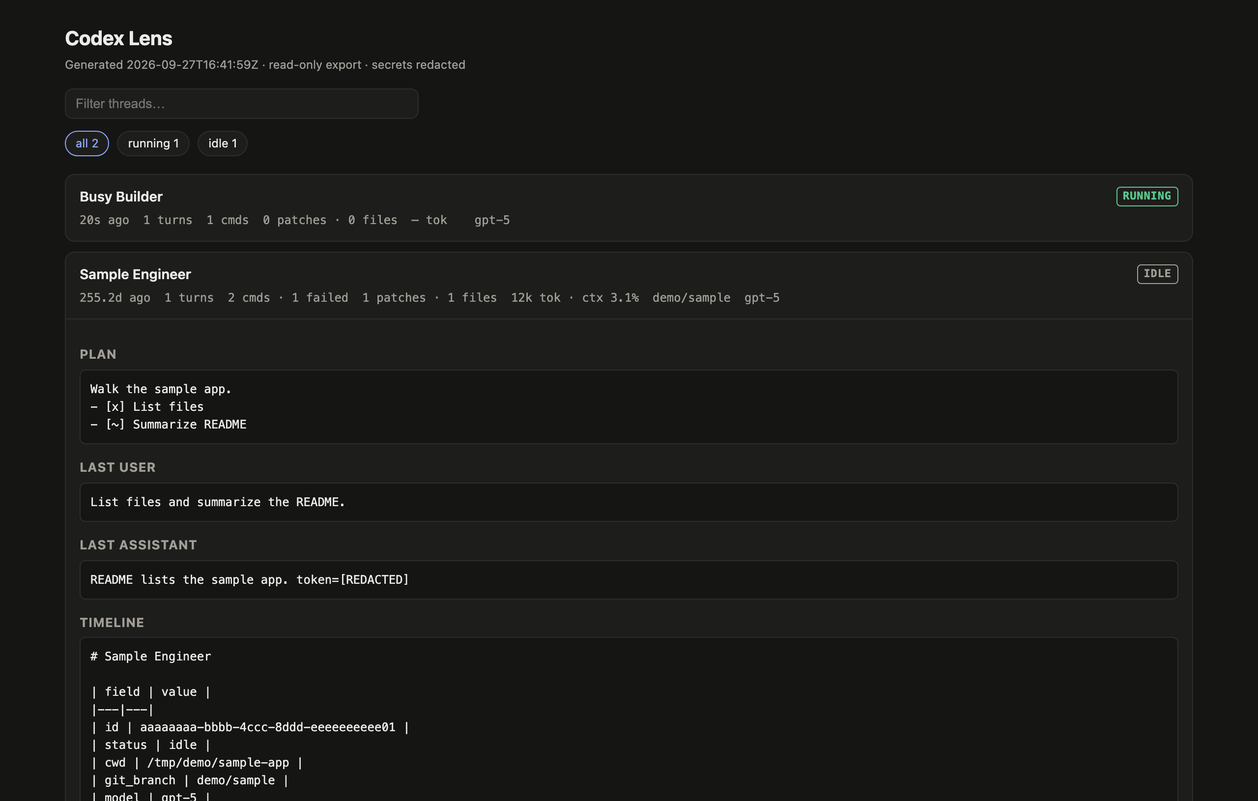 Codex Lens dashboard: two sample Codex threads, one running and one idle, with its plan and a redacted token
