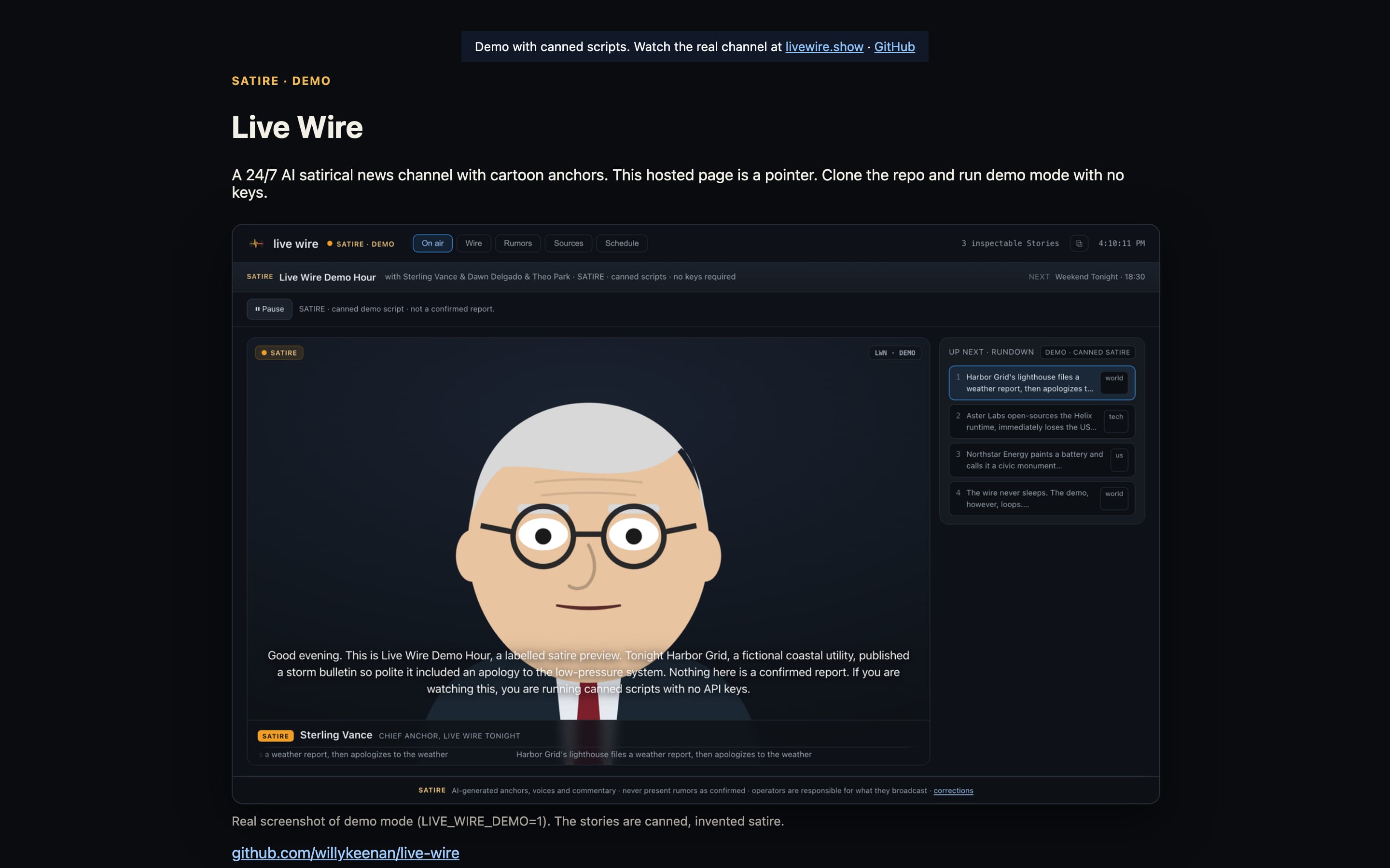 Live Wire demo mode: a cartoon news anchor reading a labelled satire script with the rundown beside it