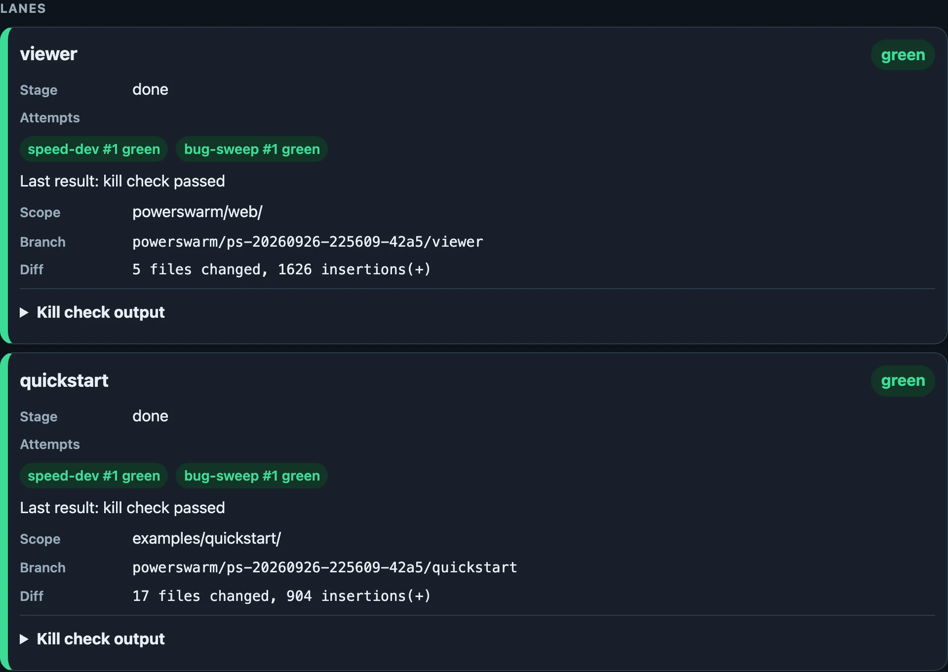 PowerSwarm run viewer: a finished run with 2 green lanes, 0 red, a full-width green wave and the viewer lane's attempts and diff