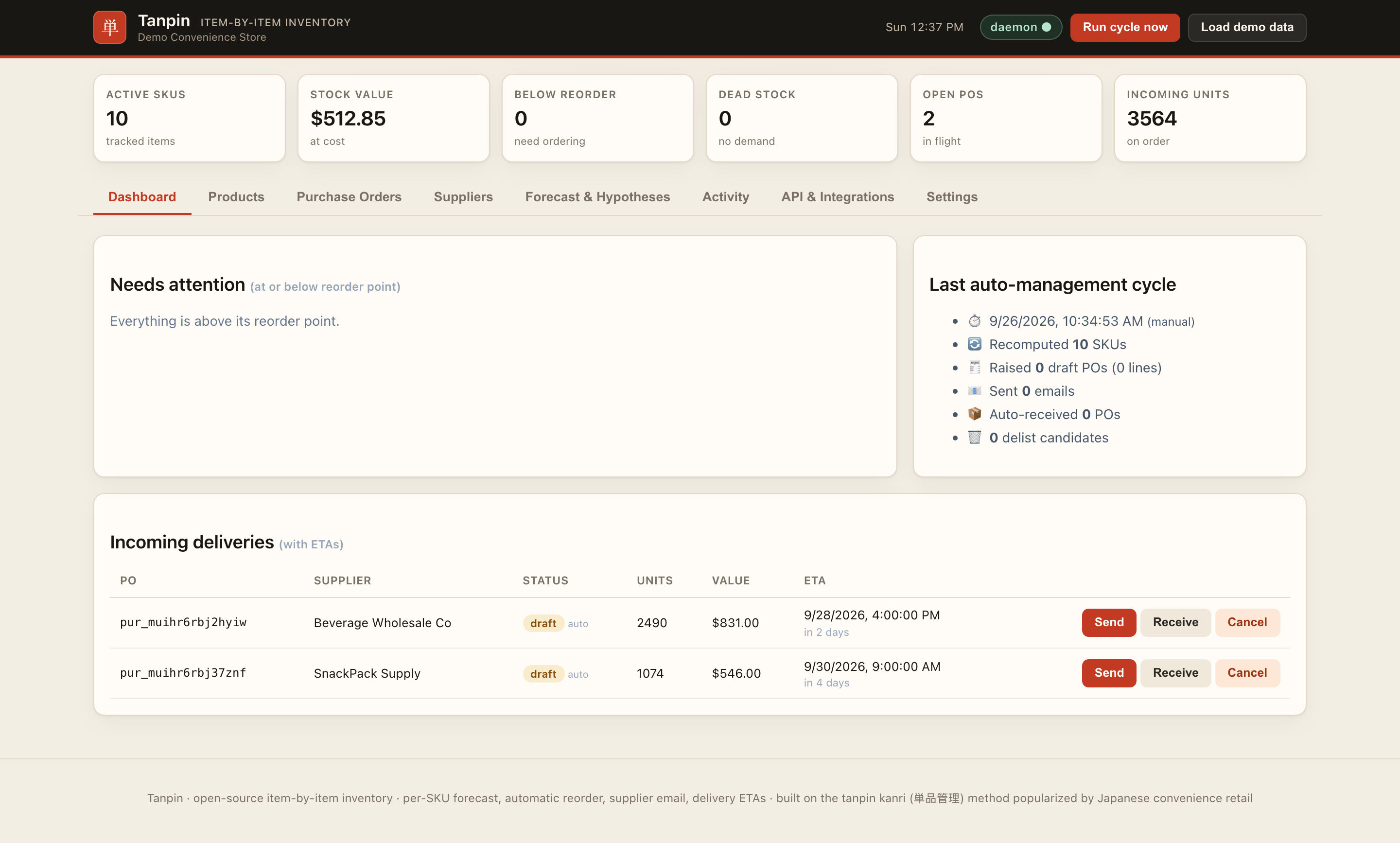 Tanpin inventory dashboard for a demo convenience store: ten tracked SKUs, the last automatic cycle and two incoming deliveries