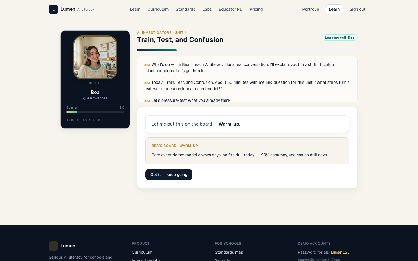 Bea coaching a live Lumen lesson — transcript, board with worked example, session progress