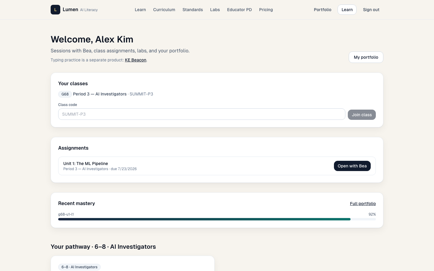 Lumen student hub — classes, assignments, pathway progress, portfolio