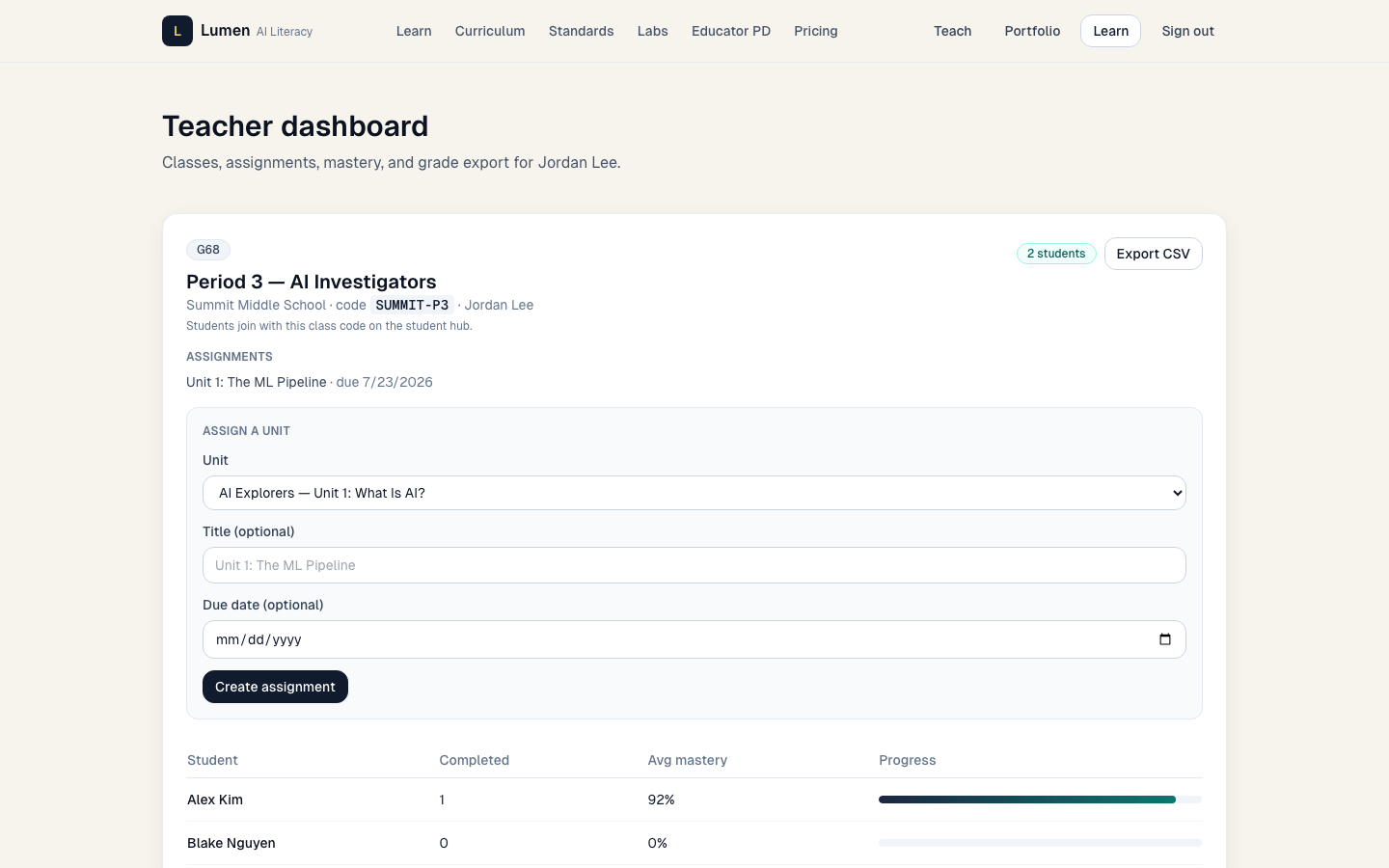 Lumen teacher dashboard — class codes, assignments, mastery table, CSV export